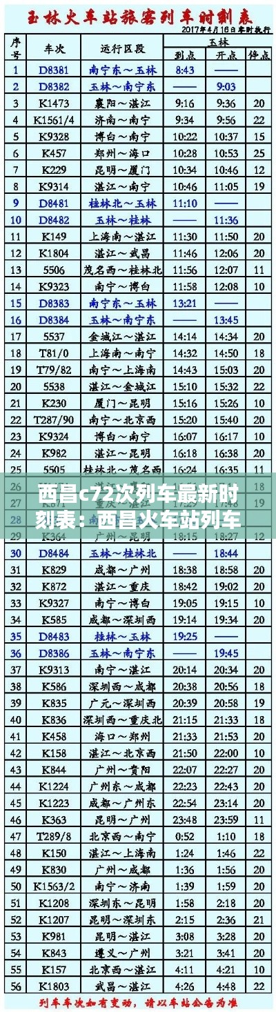 西昌c72次列車最新時刻表：西昌火車站列車時刻表 